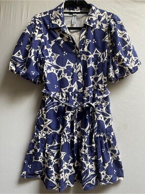 Sincerely Jules Navy & Cream Floral Button-Front Puff Sleeve Dress